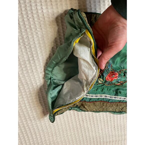 VTG Handmade Embroidered Floral Green Silky Decretive Pillowcase Sham - Picture 7 of 11